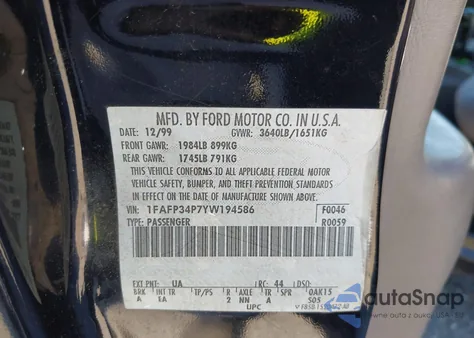 2000 Ford Focus Se from USA, damaged, VIN 1FAFP34P7YW194586